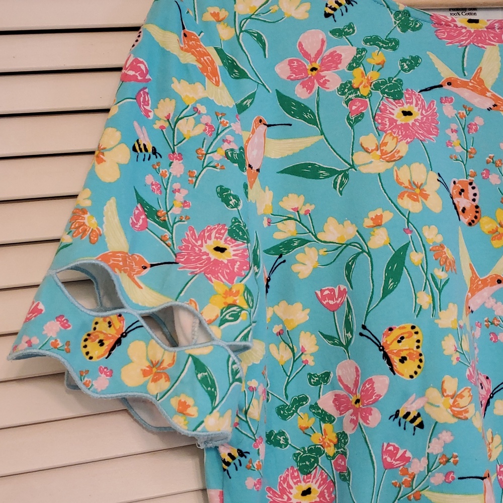 Kim Rogers Cotton Turquoise Hummingbird Top, Size Large - Picture 2 of 5